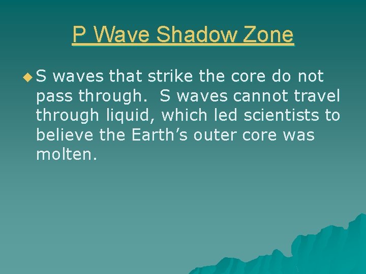 P Wave Shadow Zone u. S waves that strike the core do not pass