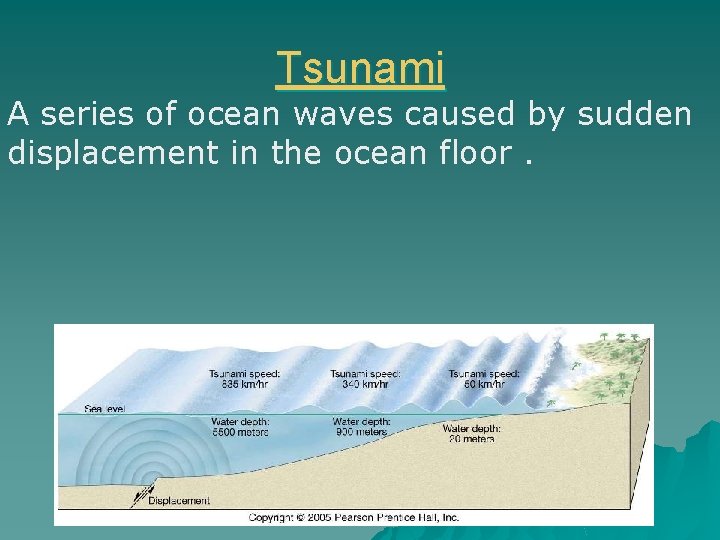 Tsunami A series of ocean waves caused by sudden displacement in the ocean floor.