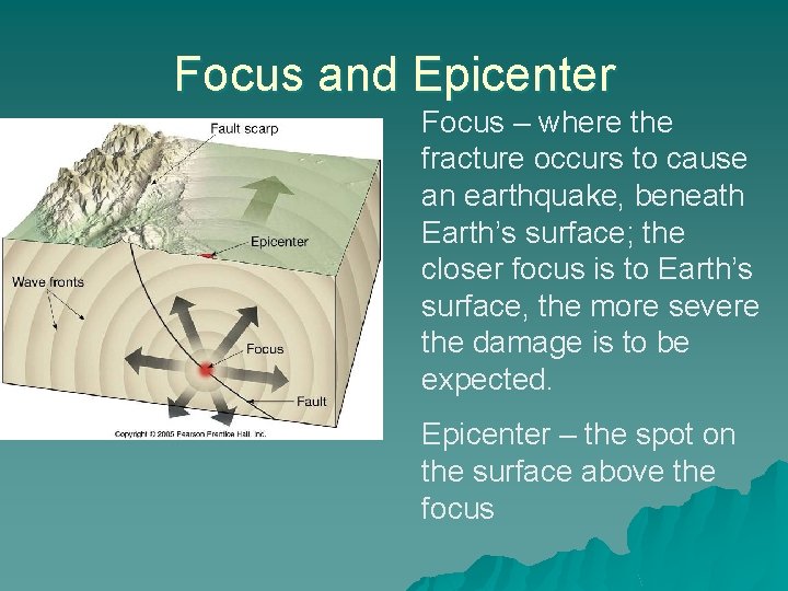 Focus and Epicenter Focus – where the fracture occurs to cause an earthquake, beneath
