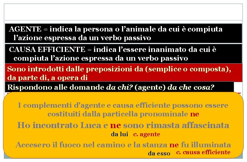 AGENTE = indica la persona o l’animale da cui è compiuta l’azione espressa da