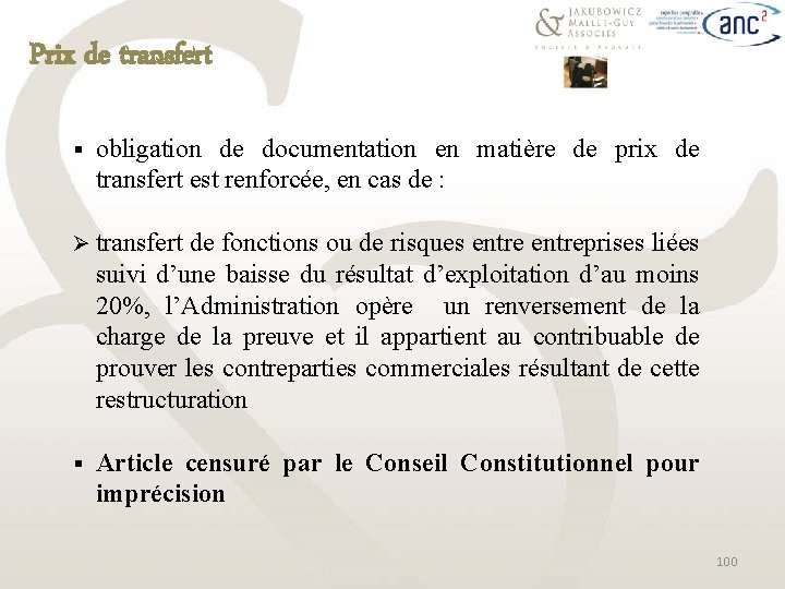 Prix de transfert § obligation de documentation en matière de prix de transfert est