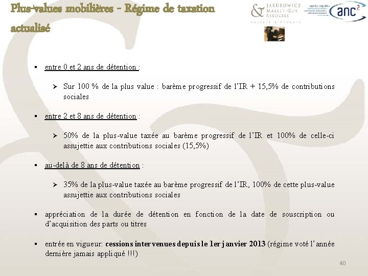 Plus-values mobilières - Régime de taxation actualisé § entre 0 et 2 ans de