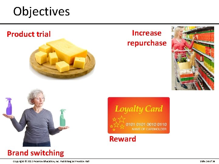Objectives Product trial Increase repurchase Reward Brand switching Copyright © 2012 Pearson Education, Inc.