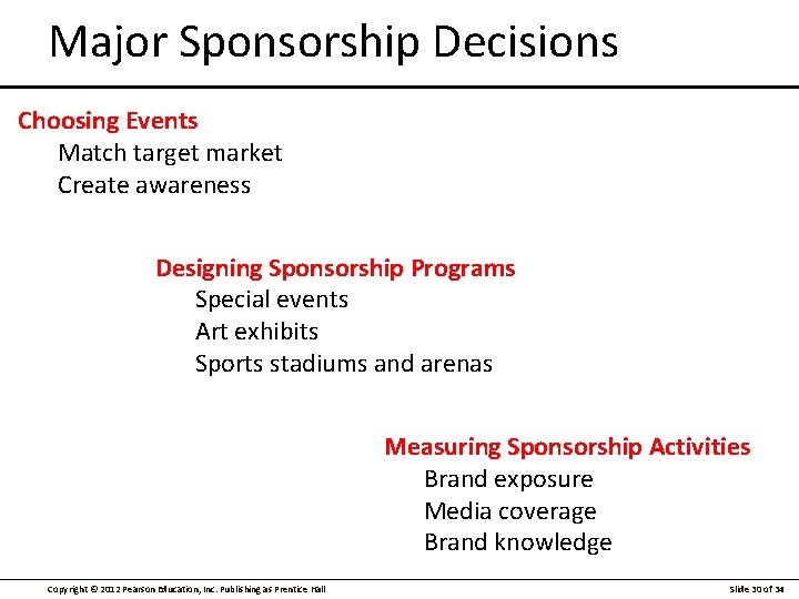 Major Sponsorship Decisions Choosing Events Match target market Create awareness Designing Sponsorship Programs Special