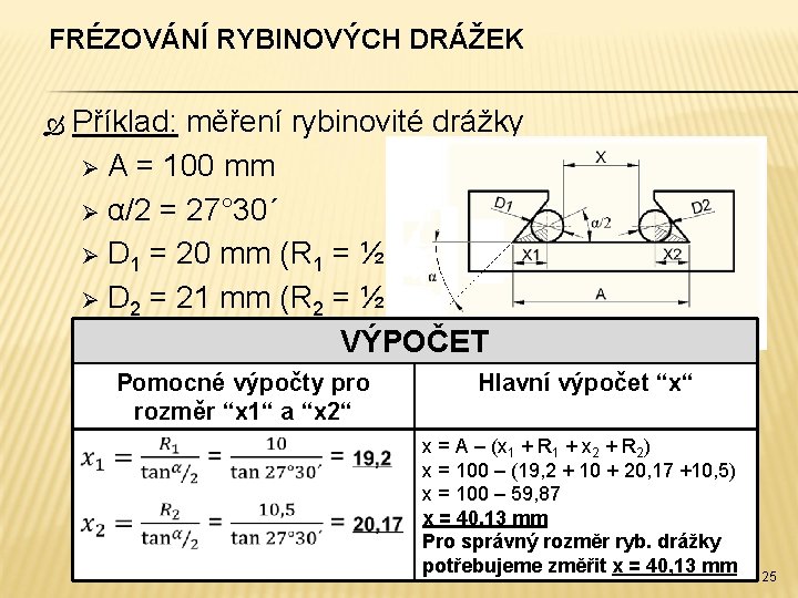 FRÉZOVÁNÍ RYBINOVÝCH DRÁŽEK Příklad: měření rybinovité drážky Ø A = 100 mm Ø α/2