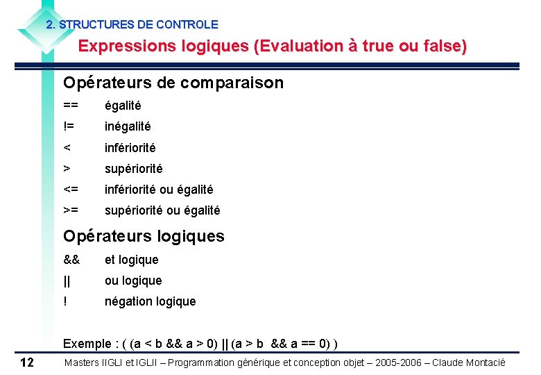 2. STRUCTURES DE CONTROLE Expressions logiques (Evaluation à true ou false) Opérateurs de comparaison