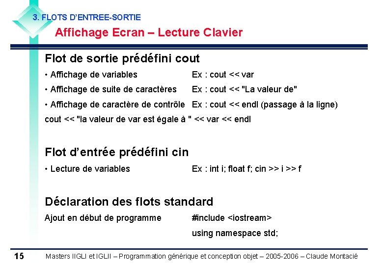 3. FLOTS D’ENTREE-SORTIE Affichage Ecran – Lecture Clavier Flot de sortie prédéfini cout •