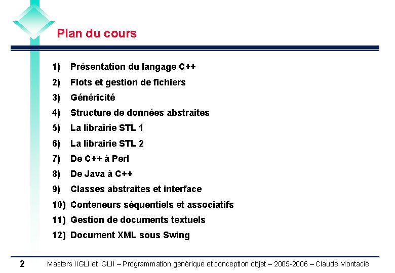 Plan du cours 1) Présentation du langage C++ 2) Flots et gestion de fichiers