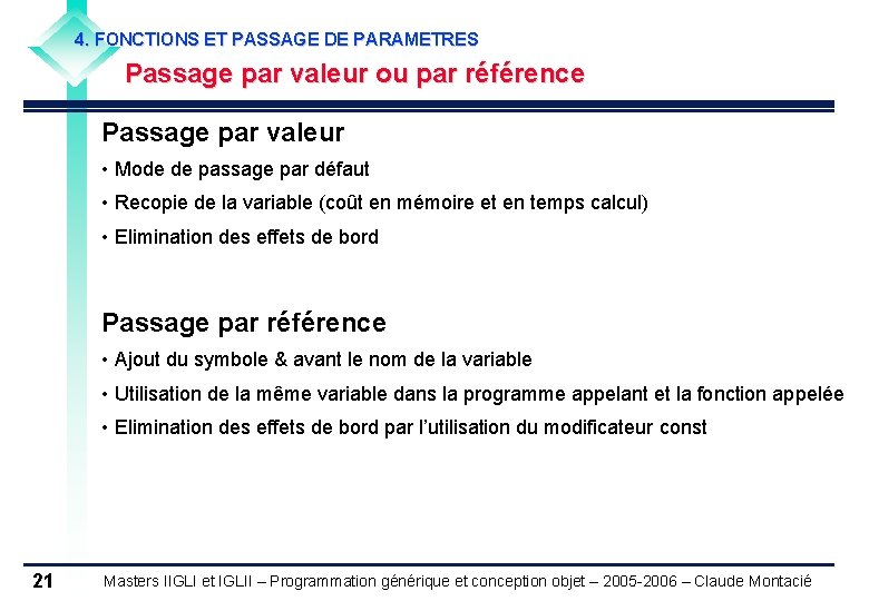 4. FONCTIONS ET PASSAGE DE PARAMETRES Passage par valeur ou par référence Passage par