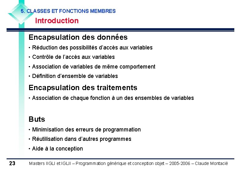 5. CLASSES ET FONCTIONS MEMBRES Introduction Encapsulation des données • Réduction des possibilités d’accès