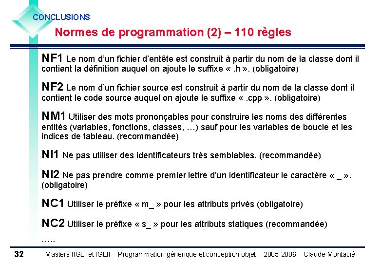 CONCLUSIONS Normes de programmation (2) – 110 règles NF 1 Le nom d’un fichier