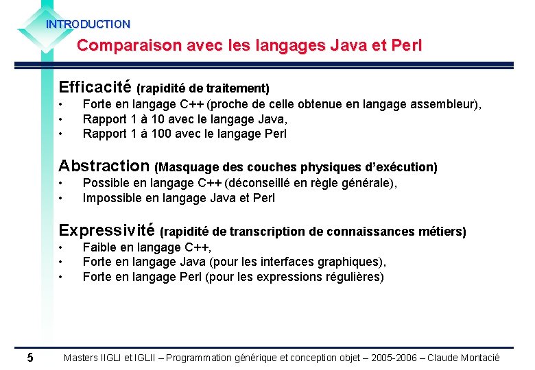 INTRODUCTION Comparaison avec les langages Java et Perl Efficacité (rapidité de traitement) • •