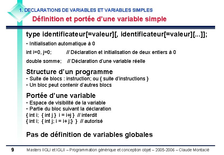 1. DECLARATIONS DE VARIABLES ET VARIABLES SIMPLES Définition et portée d’une variable simple type