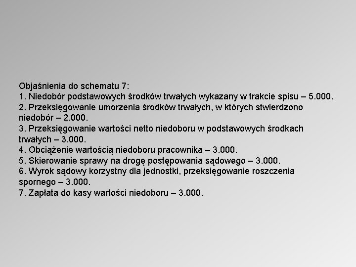 Objaśnienia do schematu 7: 1. Niedobór podstawowych środków trwałych wykazany w trakcie spisu –