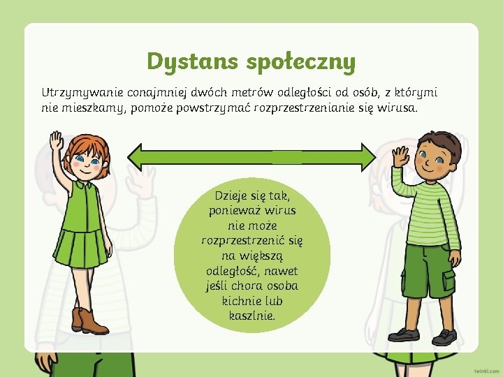 Dystans społeczny Utrzymywanie conajmniej dwóch metrów odległości od osób, z którymi nie mieszkamy, pomoże