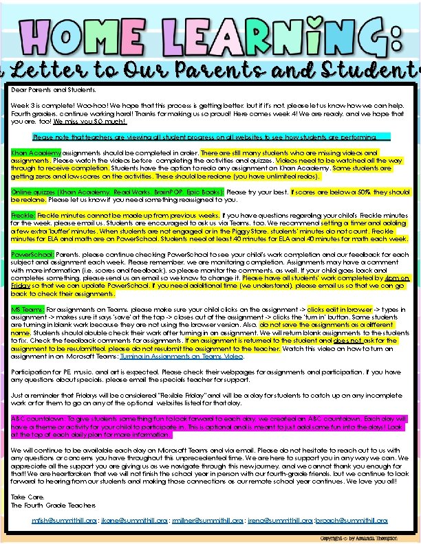 A Letter to Our Parents and Students Dear Parents and Students, Week 3 is