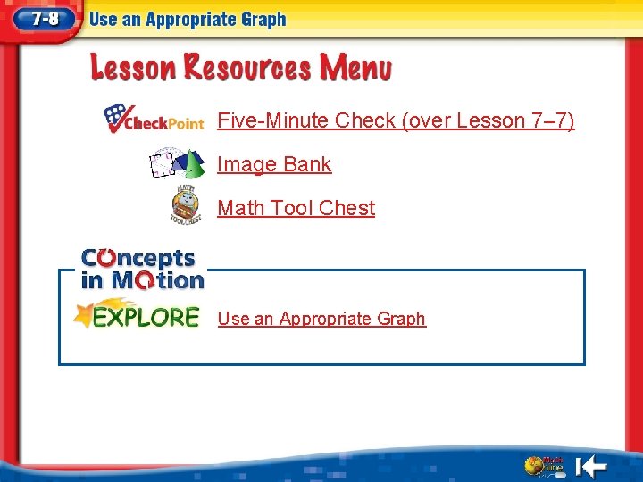 Five-Minute Check (over Lesson 7– 7) Image Bank Math Tool Chest Use an Appropriate