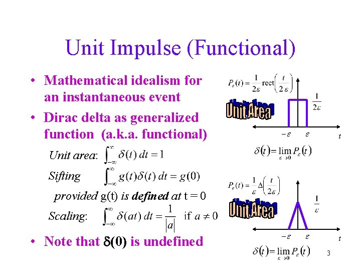 Unit Impulse (Functional) • Mathematical idealism for an instantaneous event • Dirac delta as