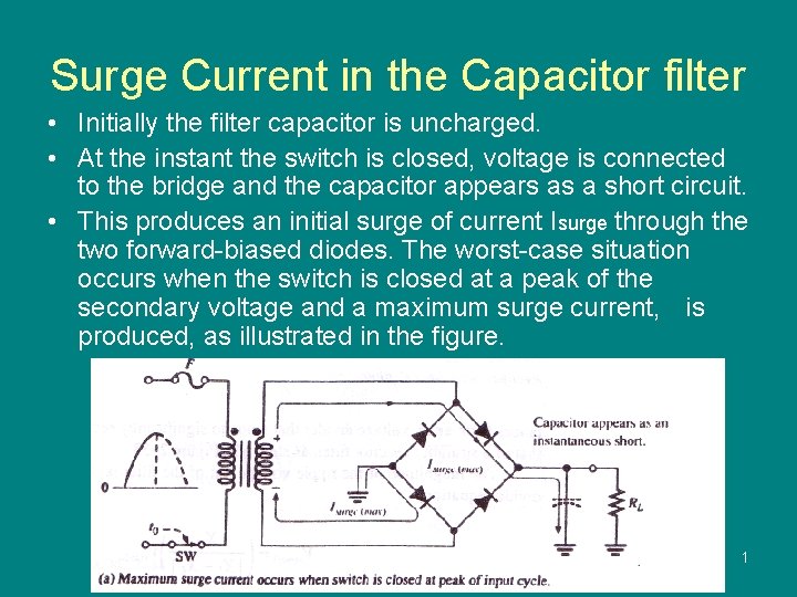 Surge Current in the Capacitor filter • Initially the filter capacitor is uncharged. •