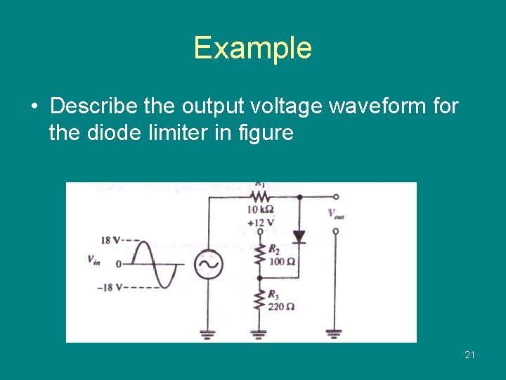 Example • Describe the output voltage waveform for the diode limiter in figure 21