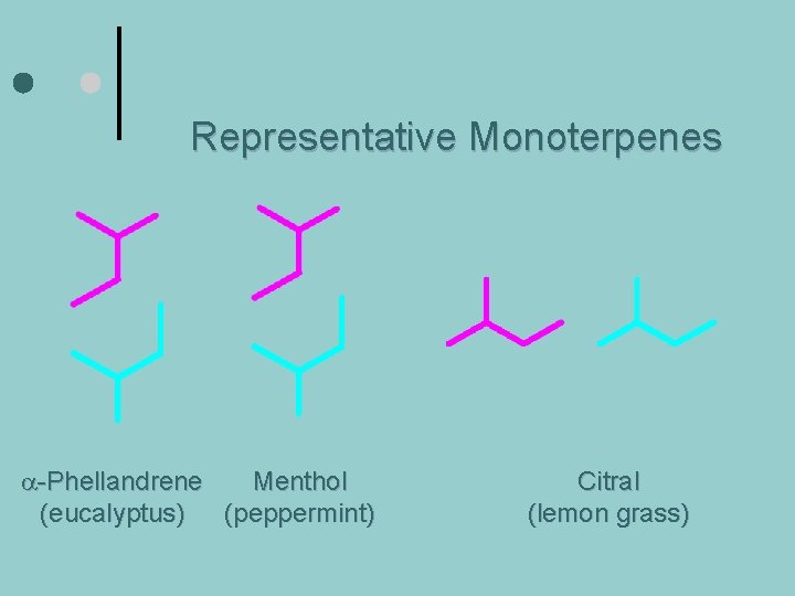 Representative Monoterpenes a-Phellandrene Menthol (eucalyptus) (peppermint) Citral (lemon grass) 