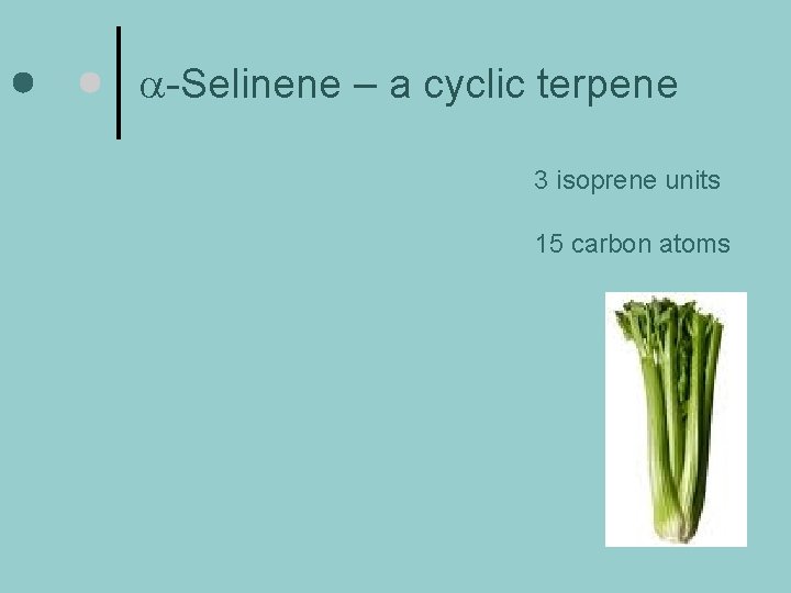 a-Selinene – a cyclic terpene 3 isoprene units 15 carbon atoms 