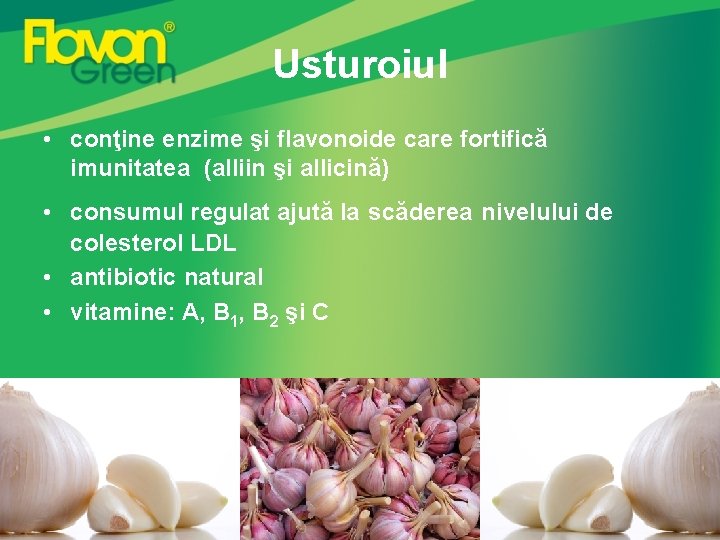 Usturoiul • conţine enzime şi flavonoide care fortifică imunitatea (alliin şi allicină) • consumul