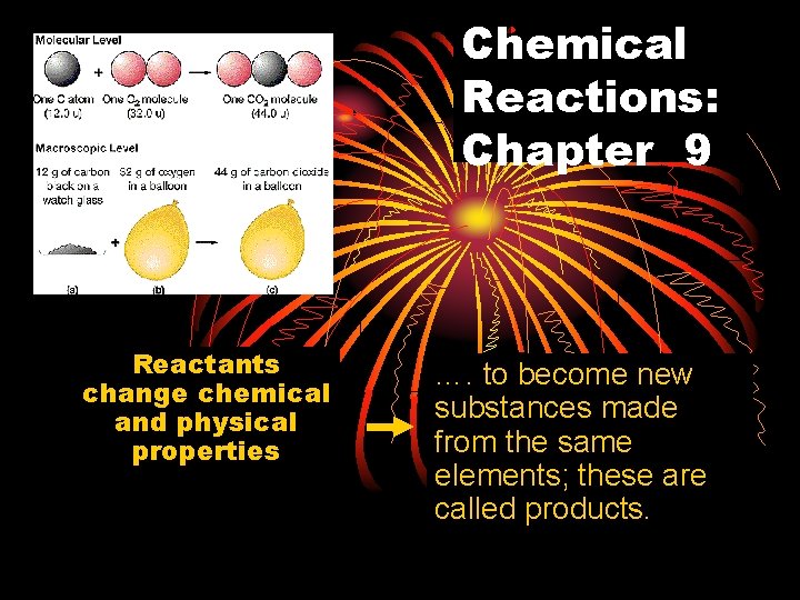 Chemical Reactions: Chapter 9 Reactants change chemical and physical properties …. to become new