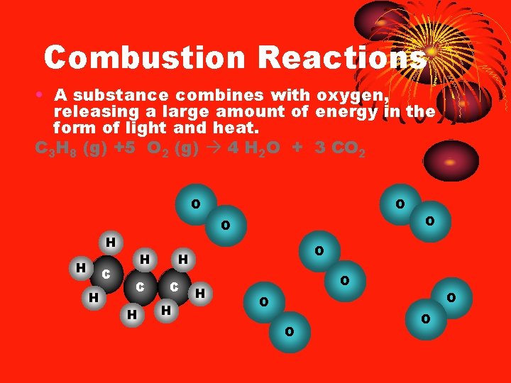 Combustion Reactions • A substance combines with oxygen, releasing a large amount of energy
