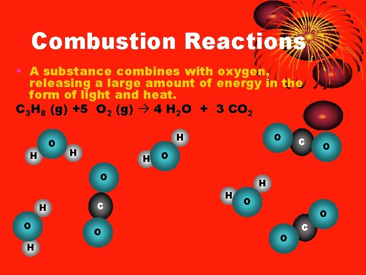 Combustion Reactions • A substance combines with oxygen, releasing a large amount of energy