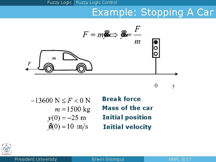 Fuzzy Logic Control Example: Stopping A Car Break force Mass of the car Initial Fuzzy Logic Control Example: Stopping A Car Break force Mass of the car Initial