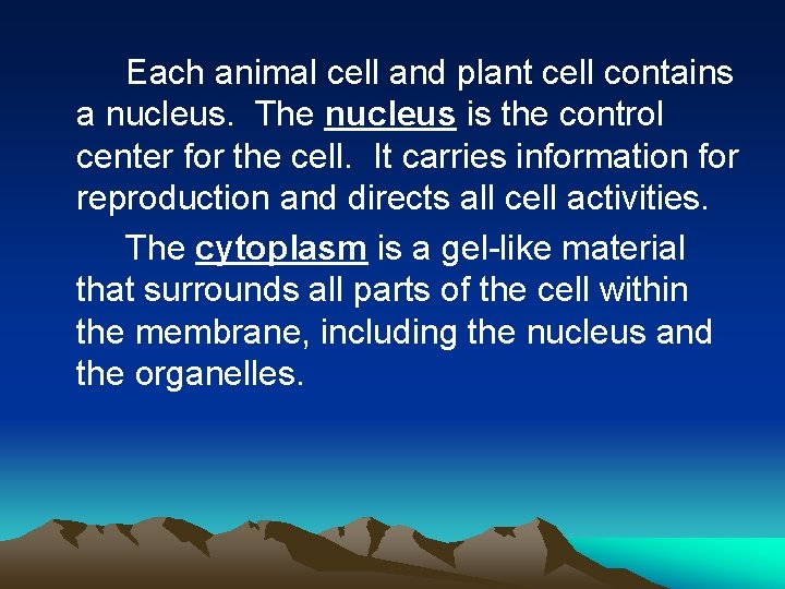 Each animal cell and plant cell contains a nucleus. The nucleus is the control