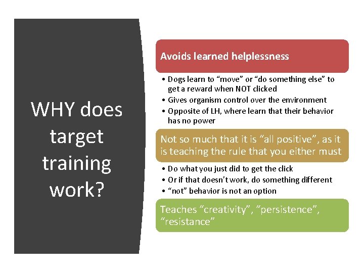 Avoids learned helplessness WHY does target training work? • Dogs learn to “move” or