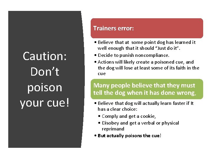 Trainers error: Caution: Don’t poison your cue! • Believe that at some point dog