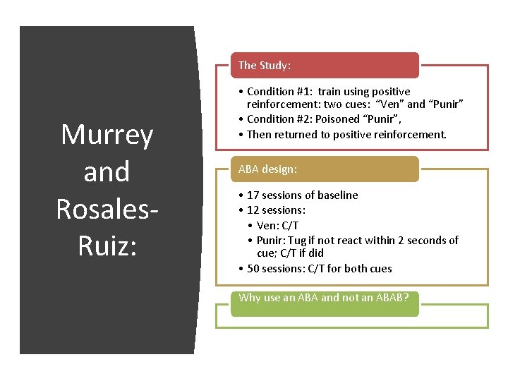 The Study: Murrey and Rosales. Ruiz: • Condition #1: train using positive reinforcement: two