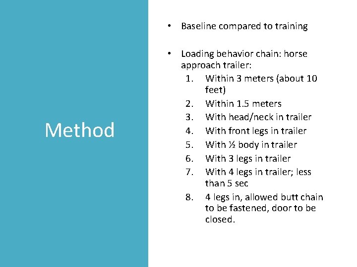  • Baseline compared to training Method • Loading behavior chain: horse approach trailer: