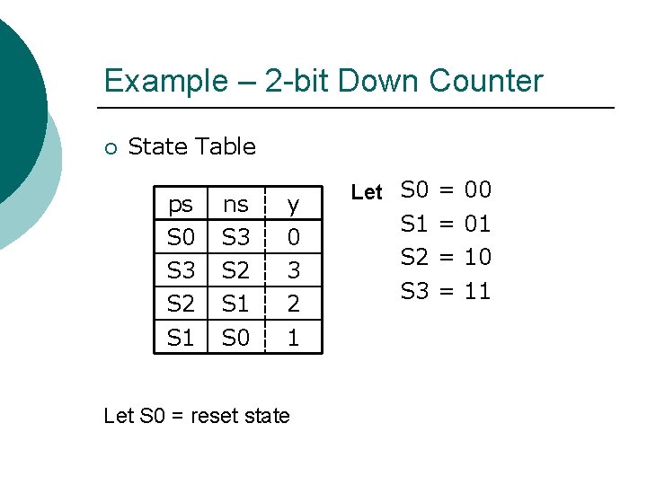 Example – 2 -bit Down Counter ¡ State Table ps S 0 S 3
