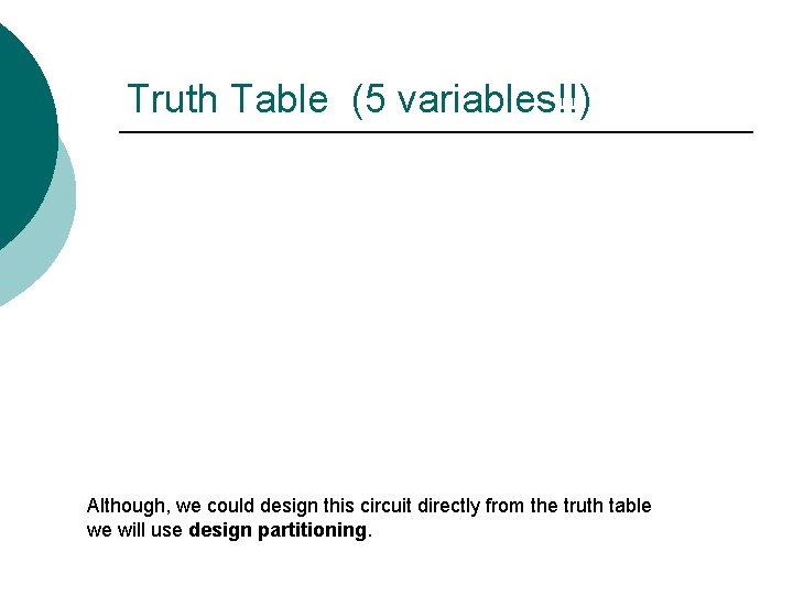 Truth Table (5 variables!!) Although, we could design this circuit directly from the truth