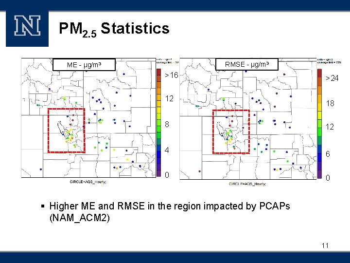 PM 2. 5 Statistics RMSE - µg/m 3 ME - µg/m 3 >16 12