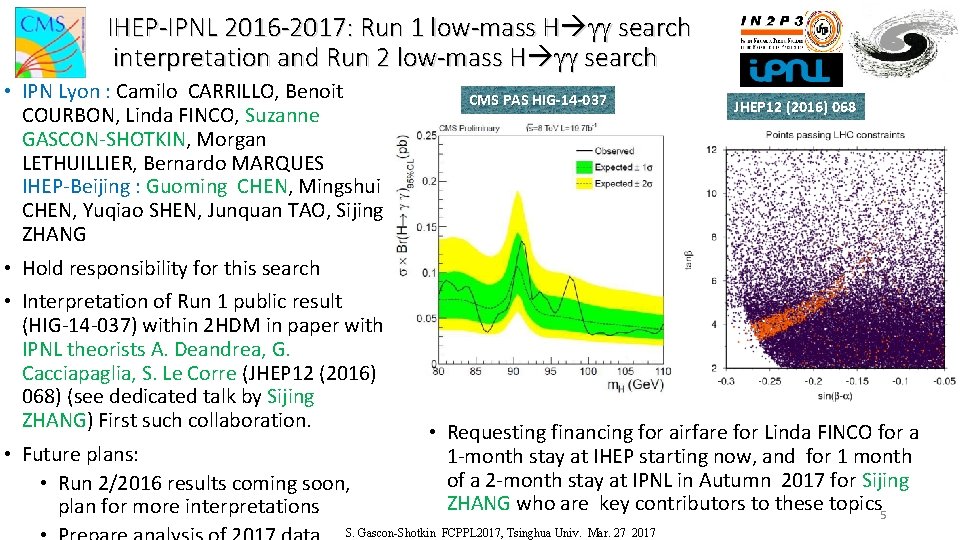 IHEP-IPNL 2016 -2017: Run 1 low-mass H gg search interpretation and Run 2 low-mass