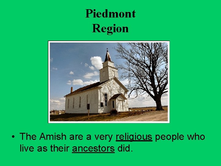 Piedmont Region • The Amish are a very religious people who live as their