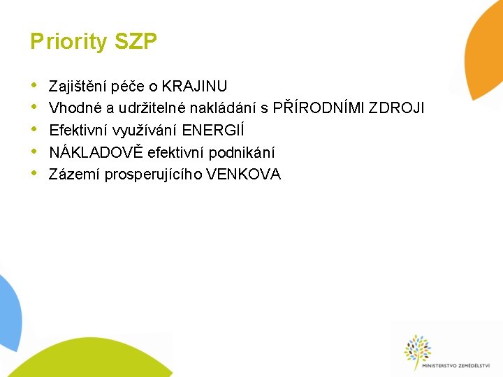 Priority SZP • • • Zajištění péče o KRAJINU Vhodné a udržitelné nakládání s