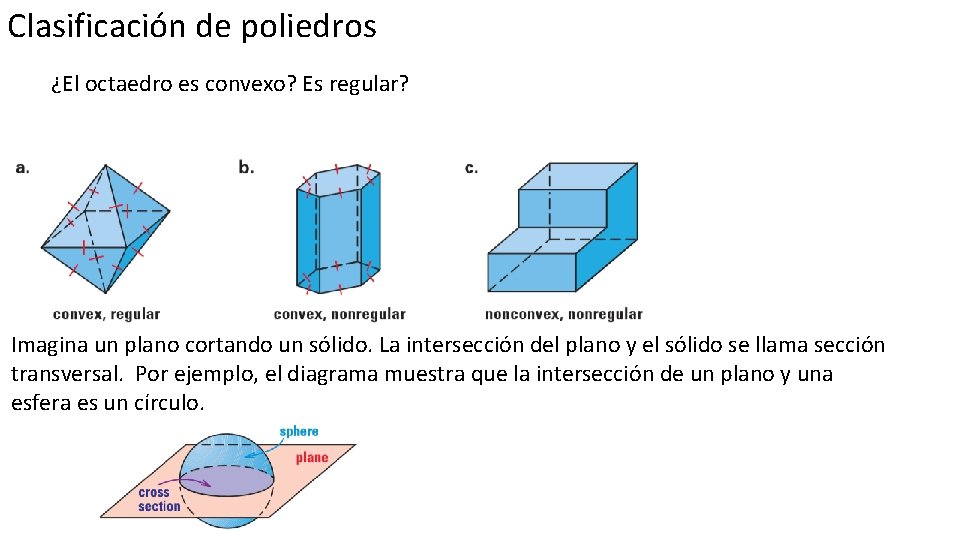 Clasificación de poliedros ¿El octaedro es convexo? Es regular? Imagina un plano cortando un