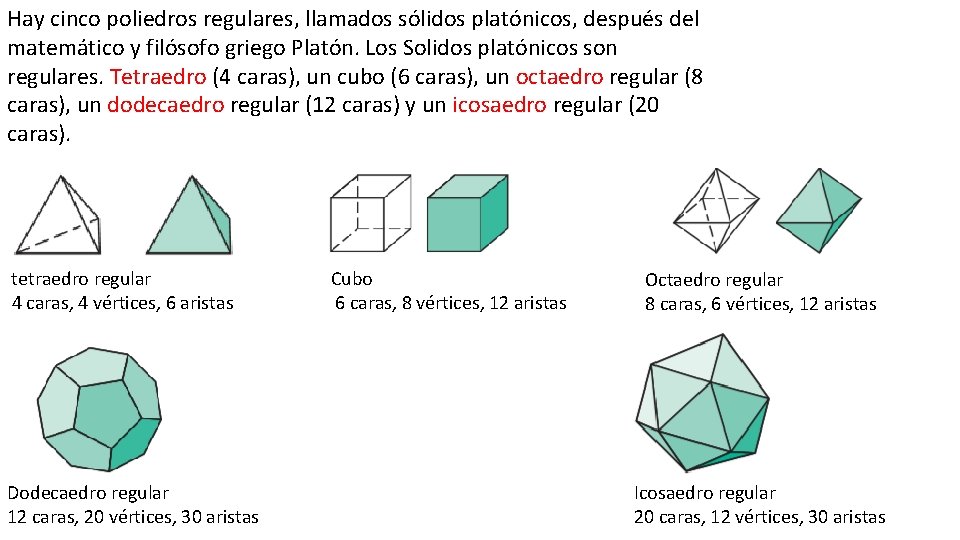 Hay cinco poliedros regulares, llamados sólidos platónicos, después del matemático y filósofo griego Platón.