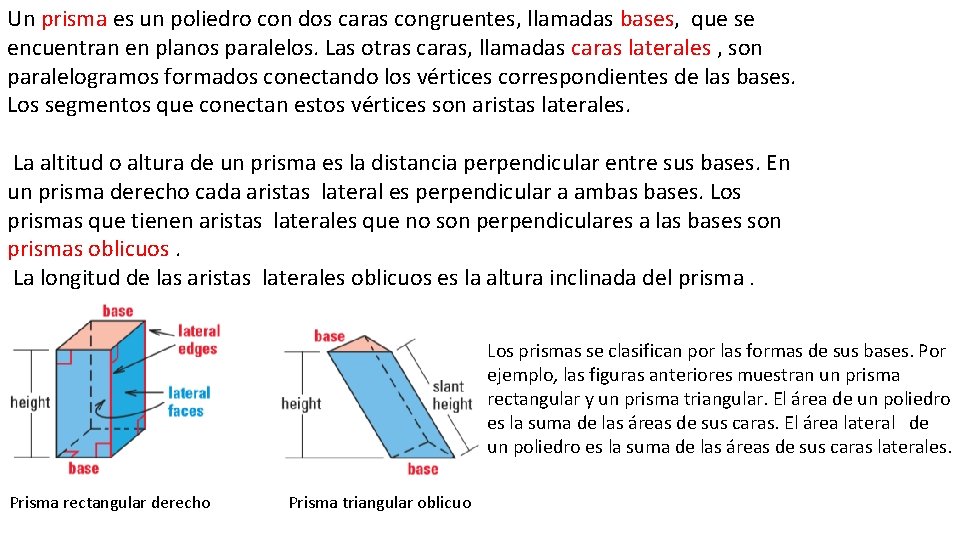 Un prisma es un poliedro con dos caras congruentes, llamadas bases, que se encuentran