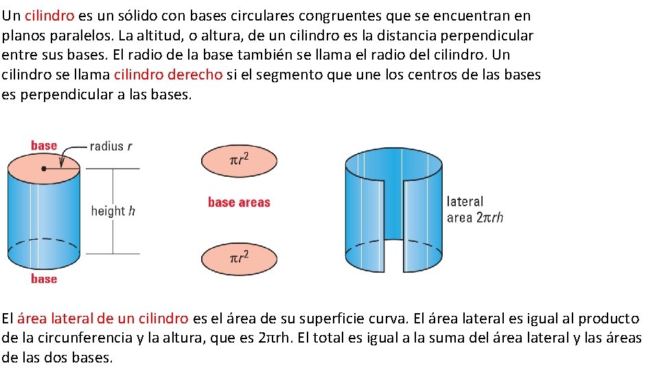 Un cilindro es un sólido con bases circulares congruentes que se encuentran en planos