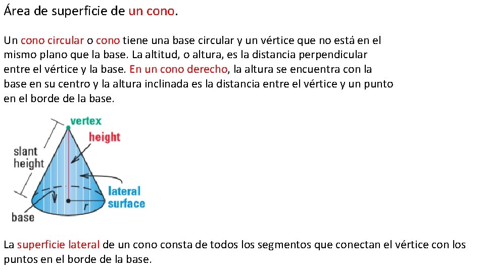 Área de superficie de un cono. Un cono circular o cono tiene una base