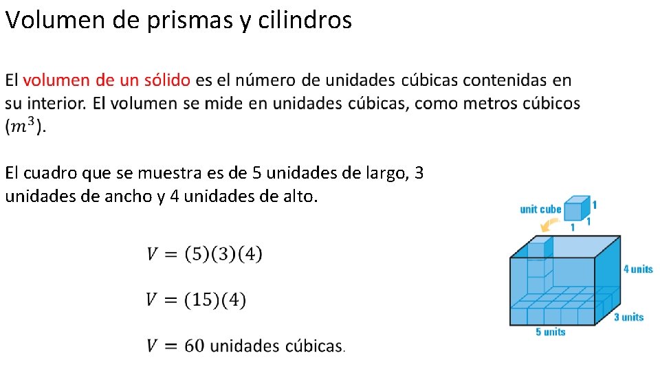 Volumen de prismas y cilindros El cuadro que se muestra es de 5 unidades