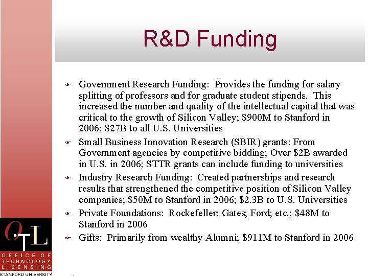 R&D Funding F F F Government Research Funding: Provides the funding for salary splitting