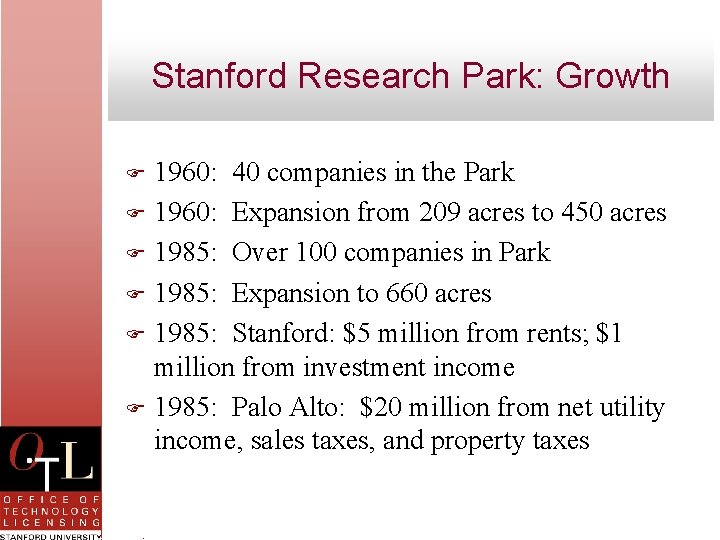 Stanford Research Park: Growth 1960: 40 companies in the Park F 1960: Expansion from